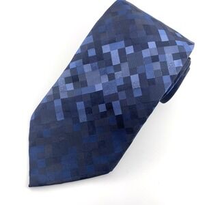 Christian Lacroix Mens Tie Navy Blue Light Blue Block Design 100% Silk Neckwear